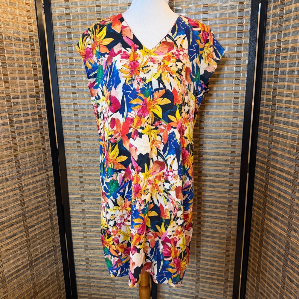 FOIL Linen Shift Dress Womens 8 Multi Color Floral V-Neck Pocket Summer Casual